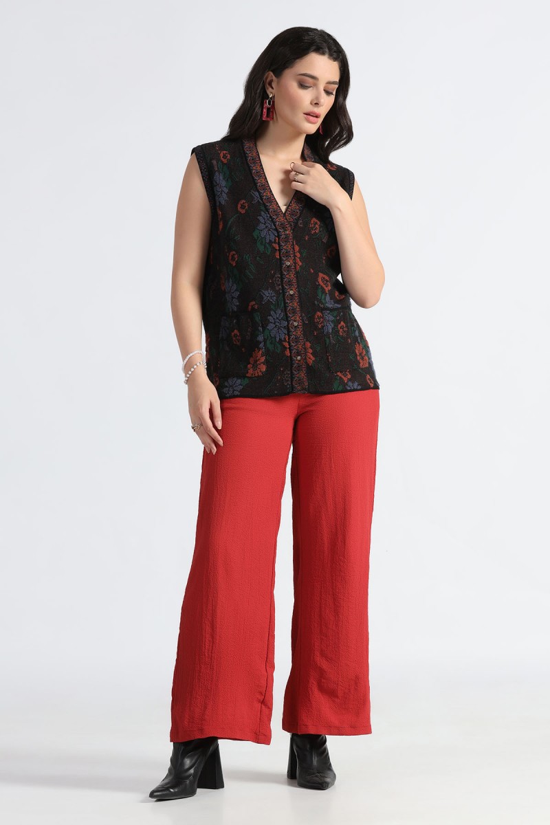 POINTELLE JACQUARD FLORAL PLUSH SLEEVELESS CARDIGAN POINTELLE JACQUARD FLORAL PLUSH SLEEVELESS CARDIGAN