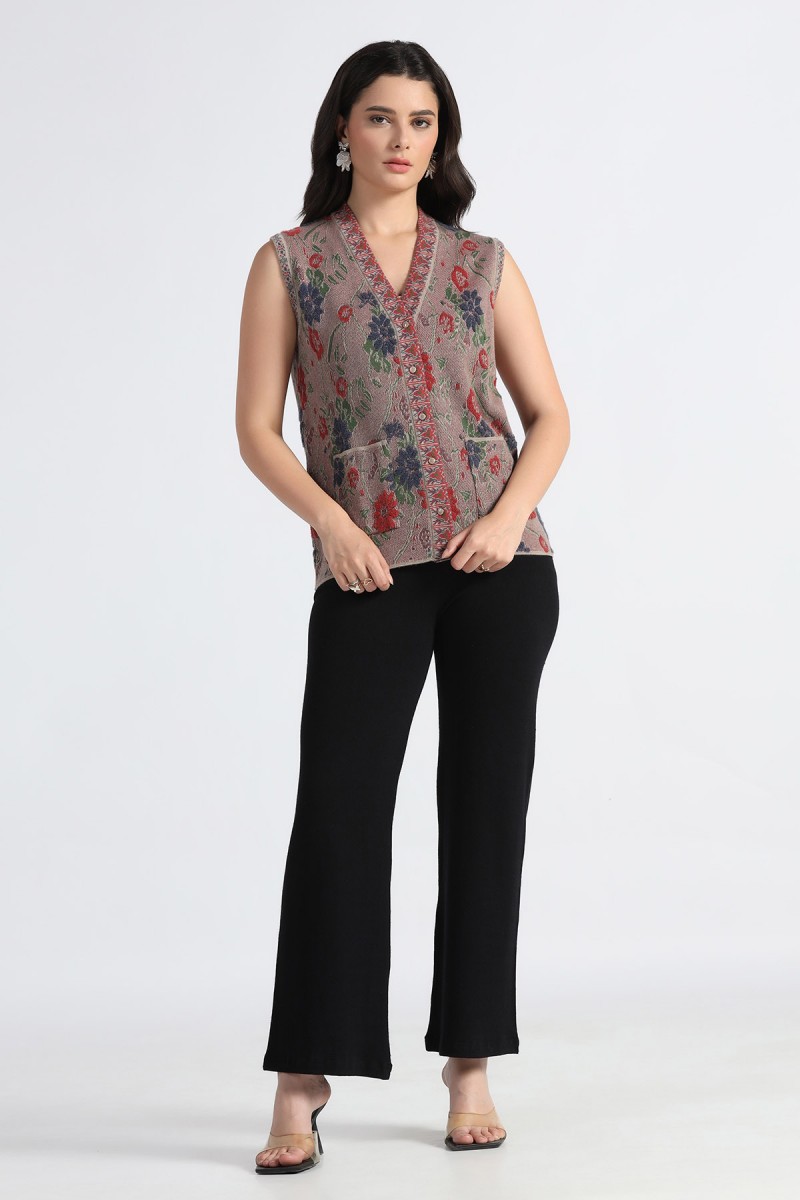 POINTELLE JACQUARD FLORAL PLUSH SLEEVELESS CARDIGAN POINTELLE JACQUARD FLORAL PLUSH SLEEVELESS CARDIGAN