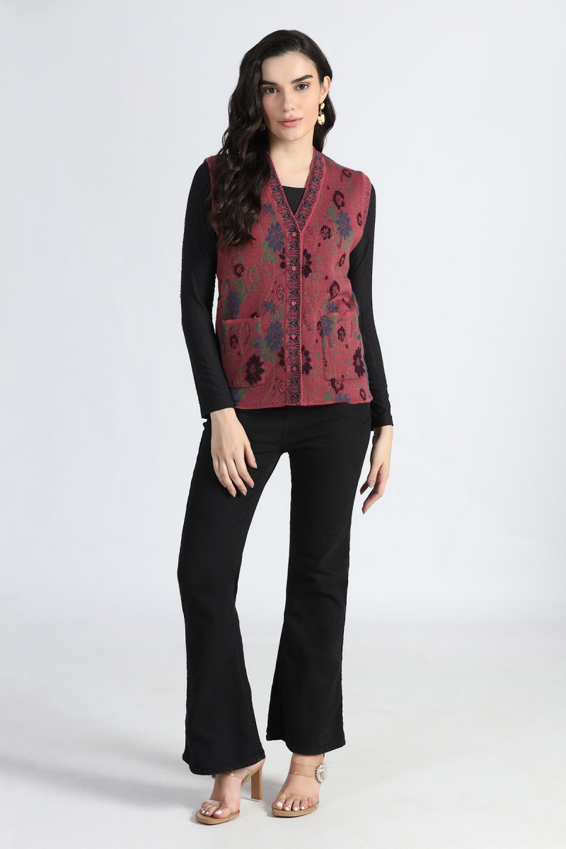 POINTELLE JACQUARD FLORAL PLUSH SLEEVELESS CARDIGAN