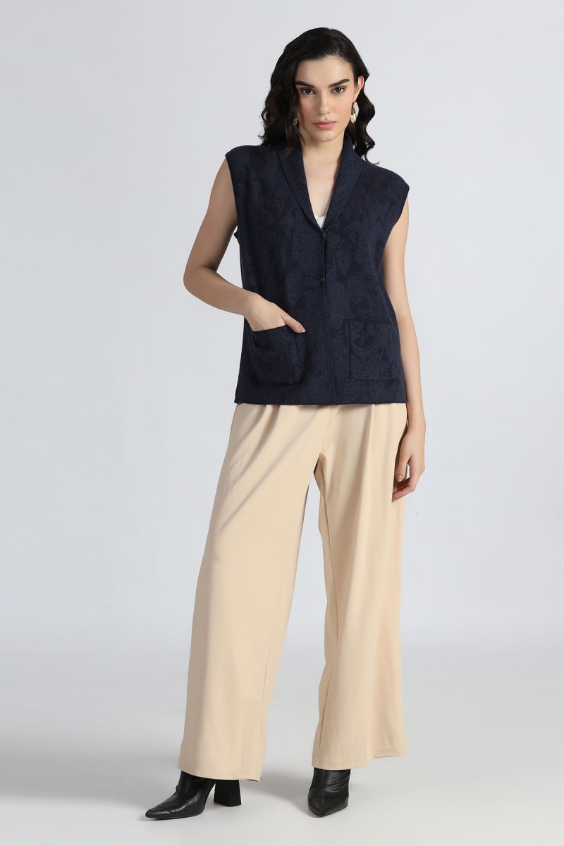 SHAWL COLLAR ORIENTAL FLORAL SLEEVELESS CARDIGAN