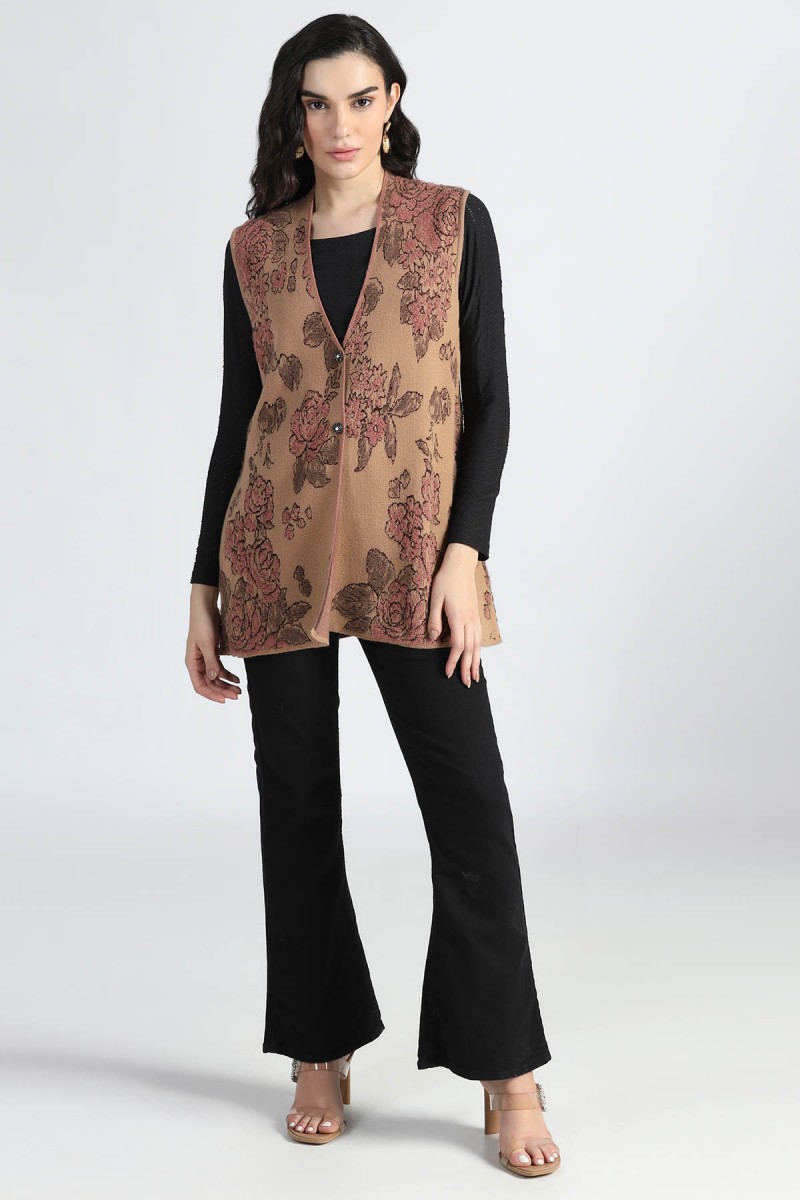 JACQUARD FLORAL PLUSH SLEEVELESS CARDIGAN JACQUARD FLORAL PLUSH SLEEVELESS CARDIGAN