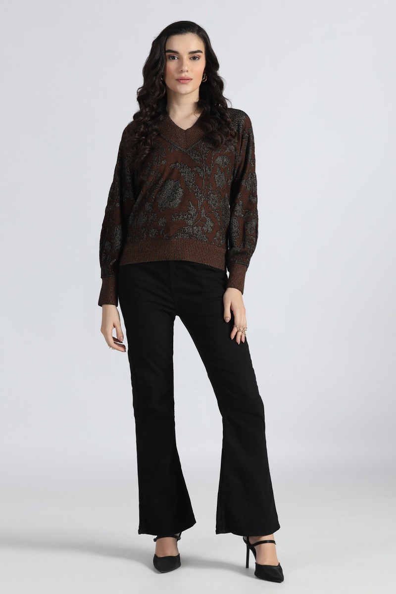 BEAUTIFUL FLORAL LUREX PLATED TRANSFER JACQUARD V NECK PULLOVER