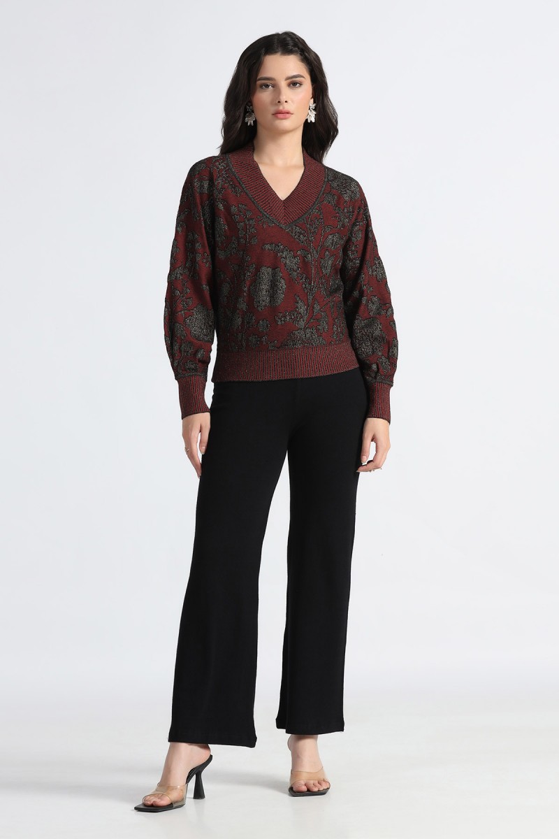 BEAUTIFUL FLORAL LUREX PLATED TRANSFER JACQUARD V NECK PULLOVER BEAUTIFUL FLORAL LUREX PLATED TRANSFER JACQUARD V NECK PULLOVER