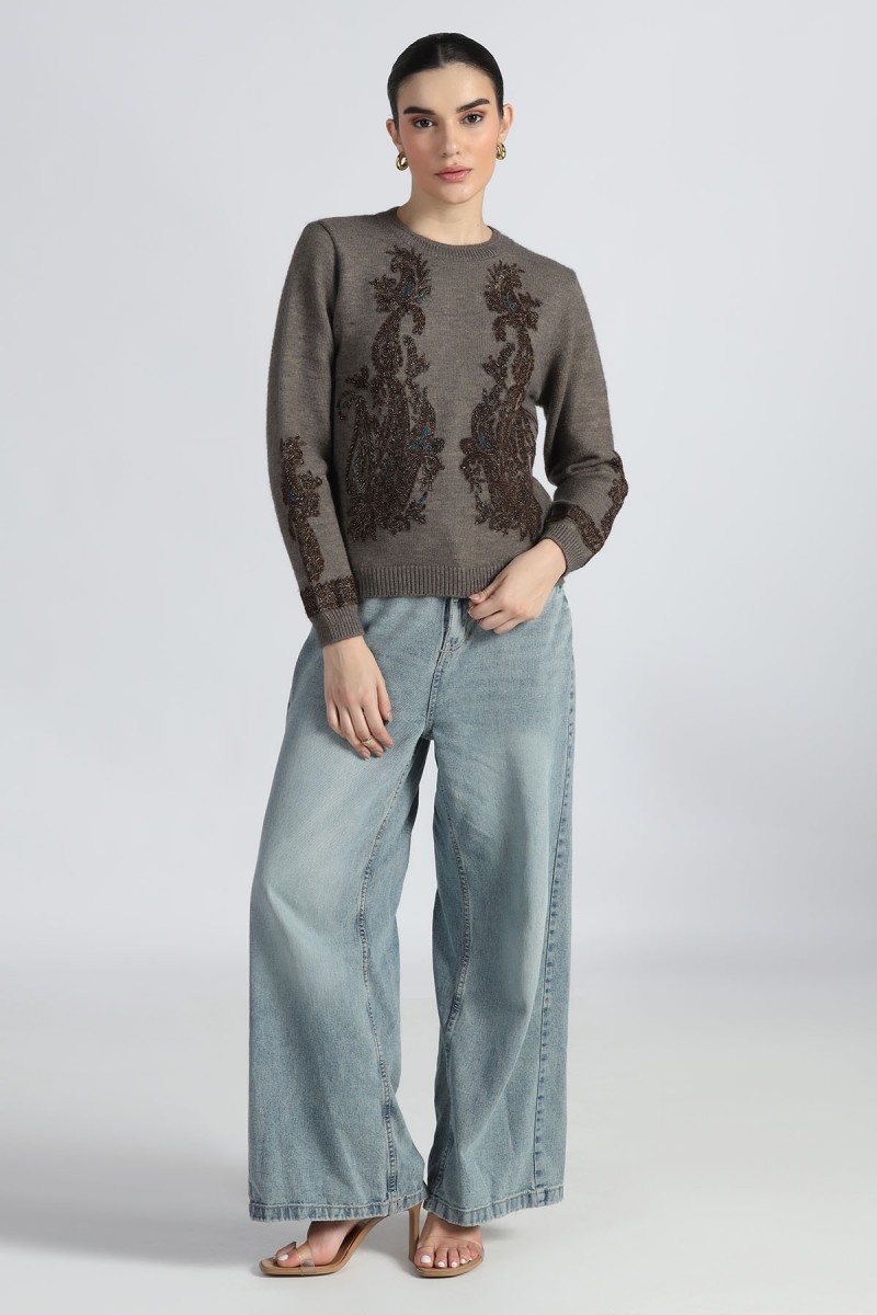 STUNNING  METATLLC CORD EMBROIDERD ROUND NECK SWEATER