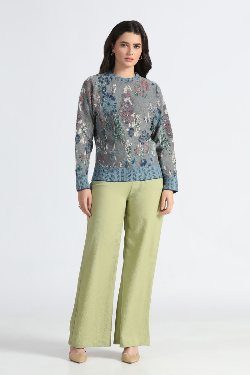 ROUND NECK FLORAL PLUSH TRANSFER JACQUARD SWEATER