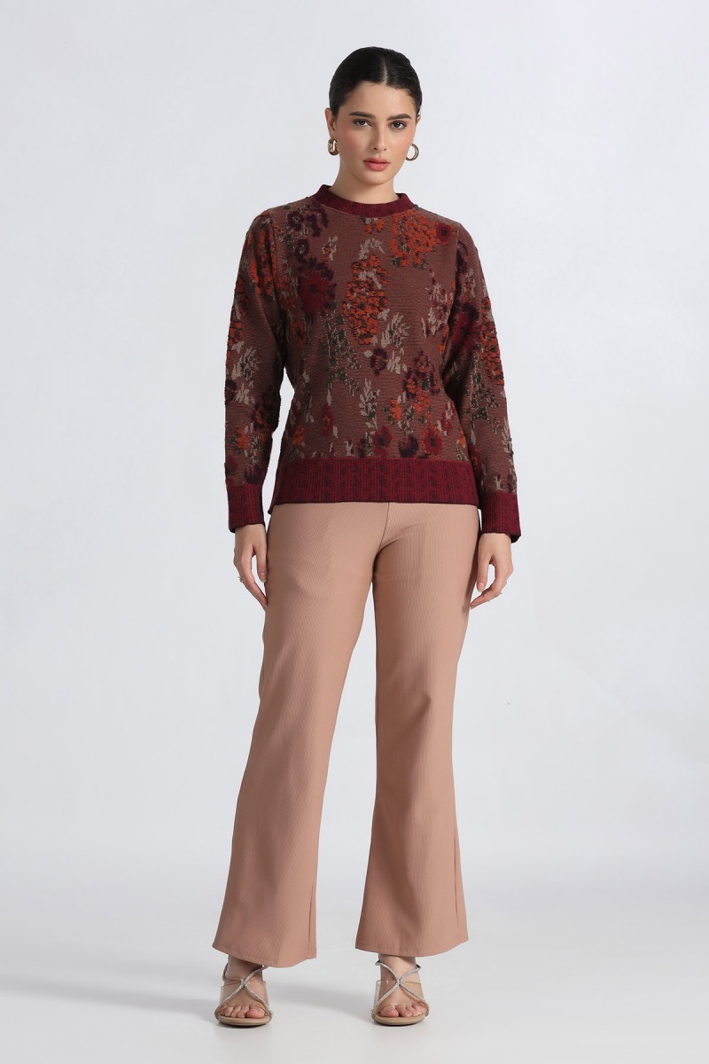 ROUND NECK FLORAL PLUSH TRANSFER JACQUARD SWEATER