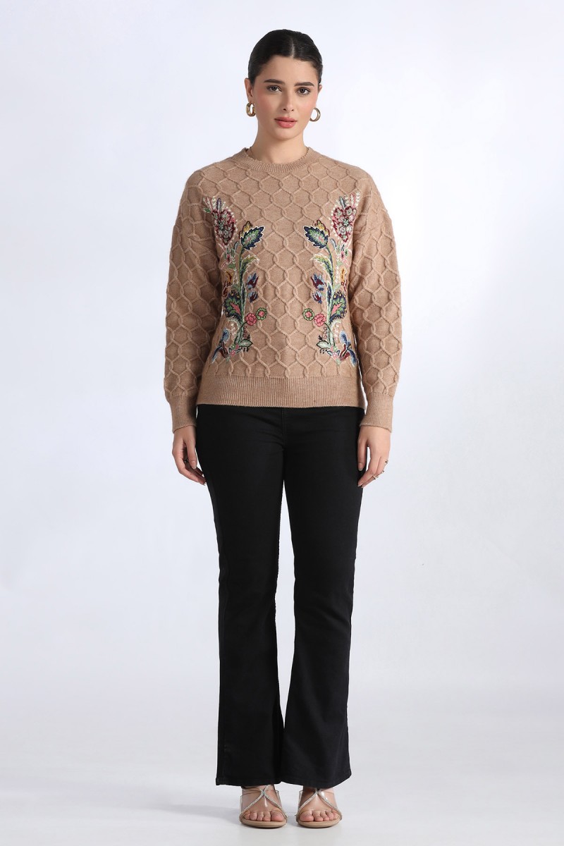 FLORAL EMBROIDERD CABLE KNIT ROUND NECK SWEATER