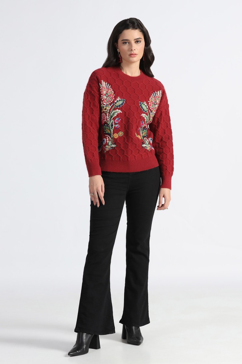 FLORAL EMBROIDERD CABLE KNIT ROUND NECK SWEATER
