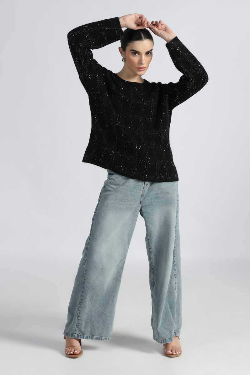 SEQUIN YARN CHECK ROUND NECK SWEATER
