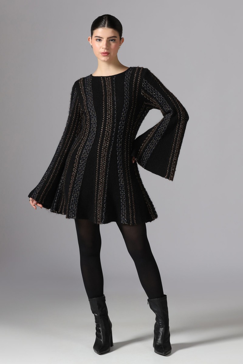 ROUND NECK FIT AND FLARE DRESS WITH BELL SLEEVES