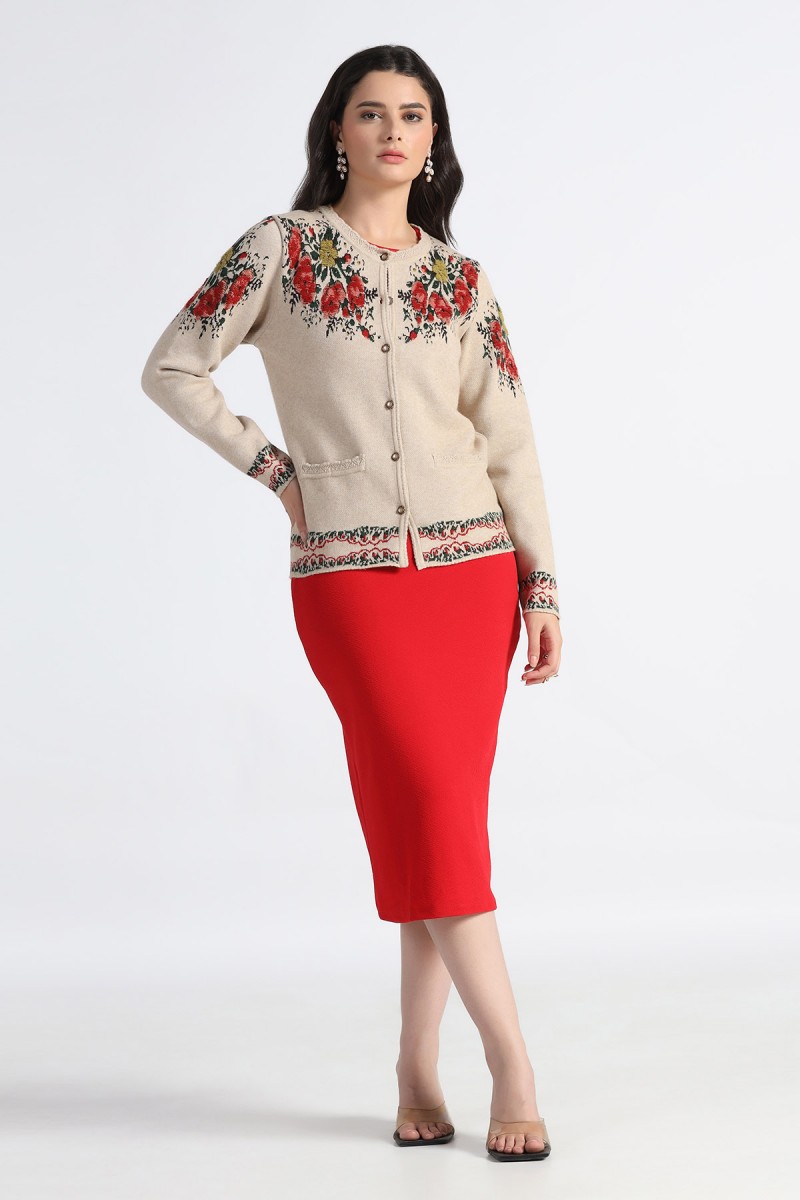 ROUND NECK FLORAL JACQUARD PLUSH CARDIGAN