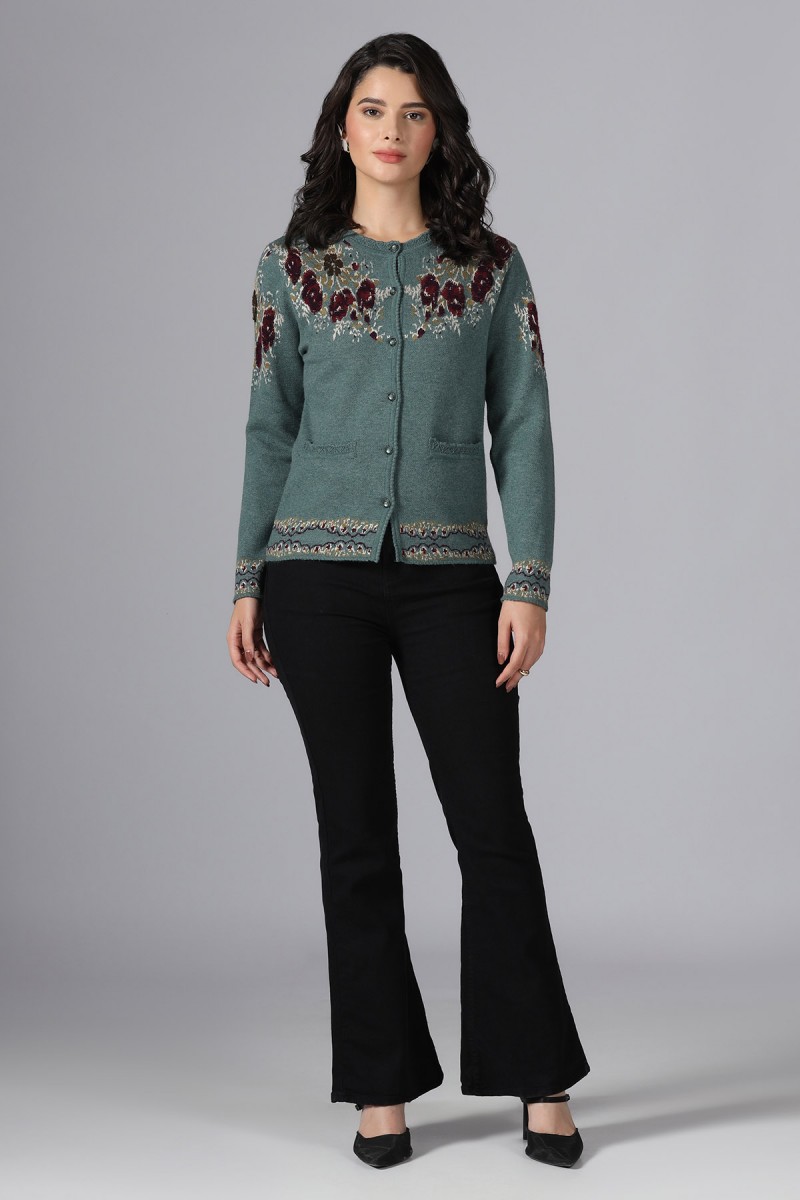 ROUND NECK FLORAL JACQUARD PLUSH CARDIGAN