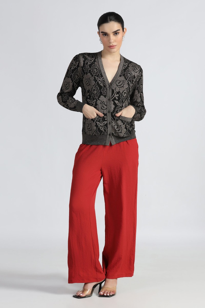 LUREX PLATED FLORAL V NECK CARDIGAN LUREX PLATED FLORAL V NECK CARDIGAN