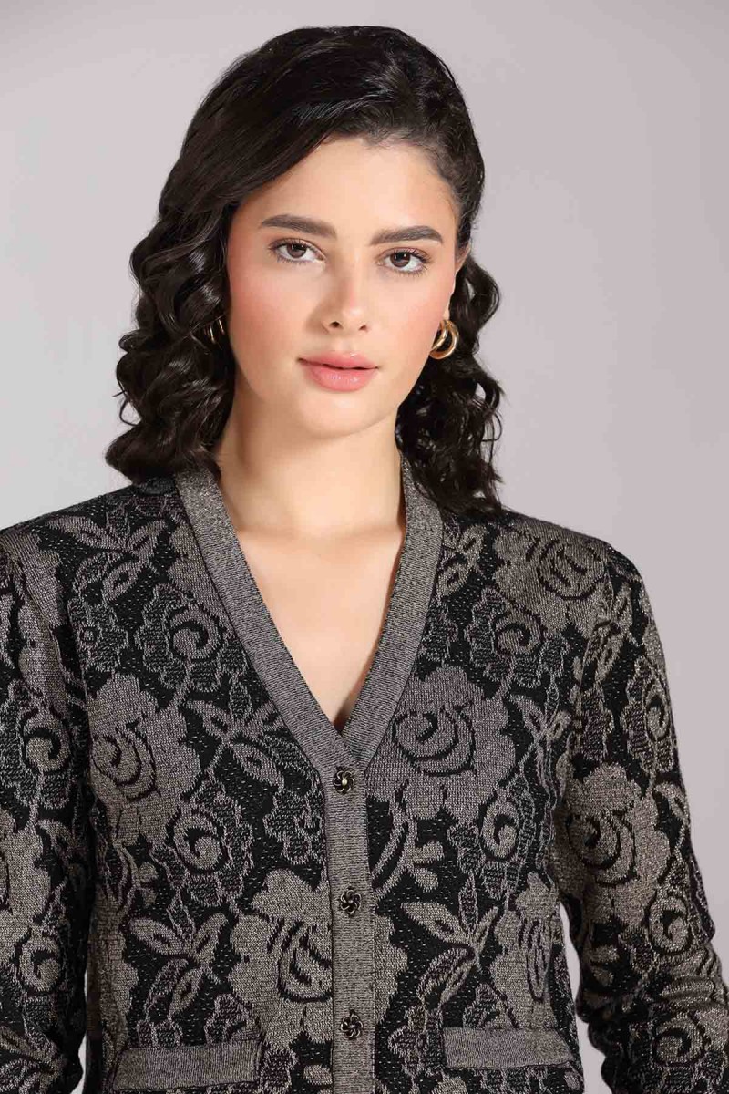 LUREX PLATED FLORAL V NECK CARDIGAN