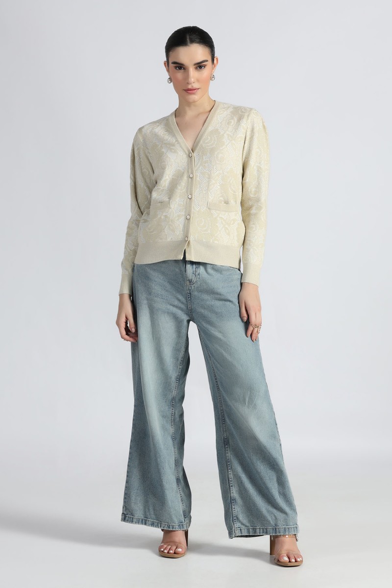 LUREX PLATED FLORAL V NECK CARDIGAN