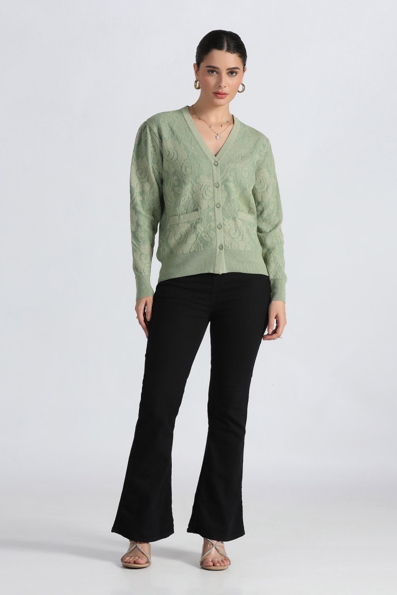 LUREX PLATED FLORAL V NECK CARDIGAN