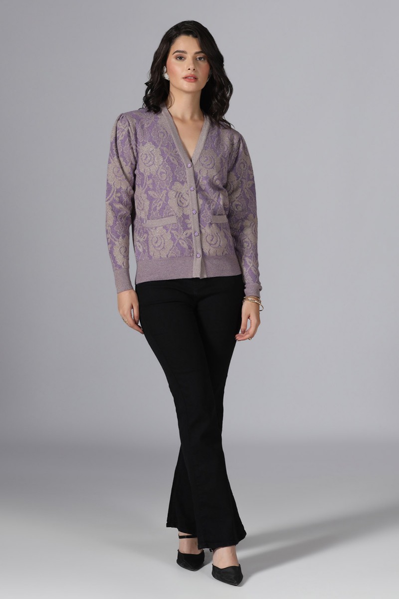 LUREX PLATED FLORAL V NECK CARDIGAN