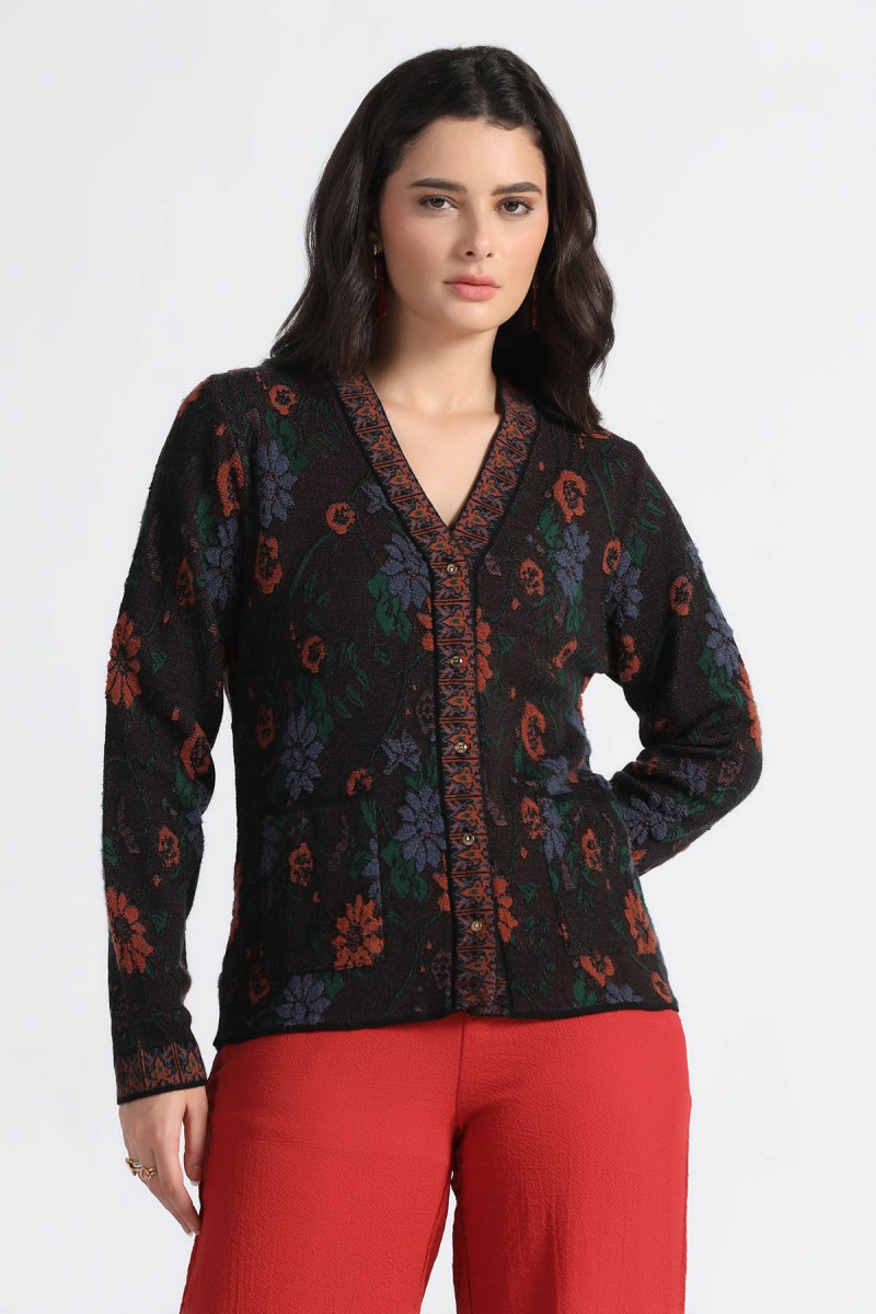 POINTELLE JACQUARD FLORAL PLUSH  CARDIGAN