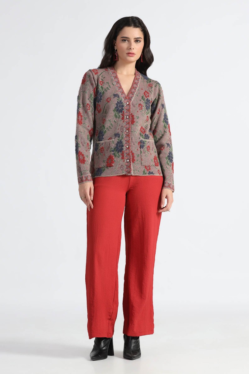 POINTELLE JACQUARD FLORAL PLUSH  CARDIGAN