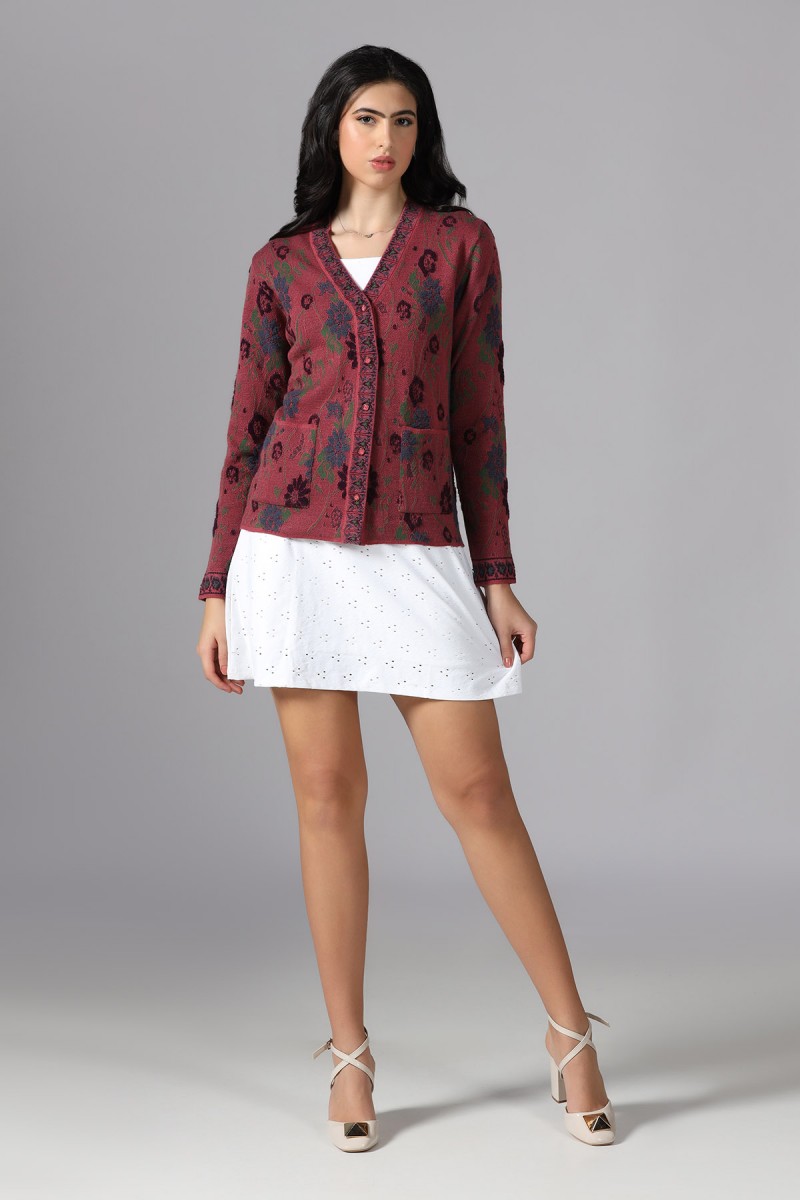 POINTELLE JACQUARD FLORAL PLUSH  CARDIGAN