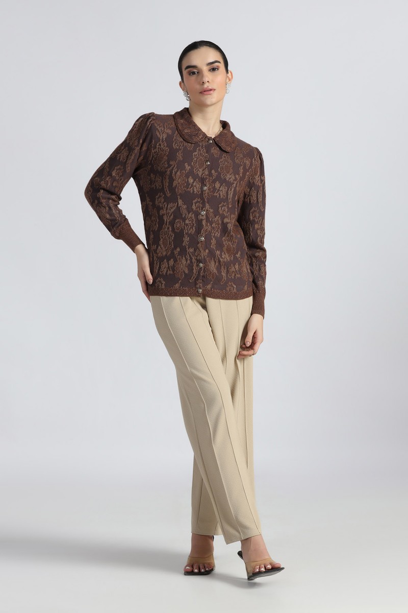 POLO NECK COLLAR METALLIC FLORAL JACQUARD CARDIGAN