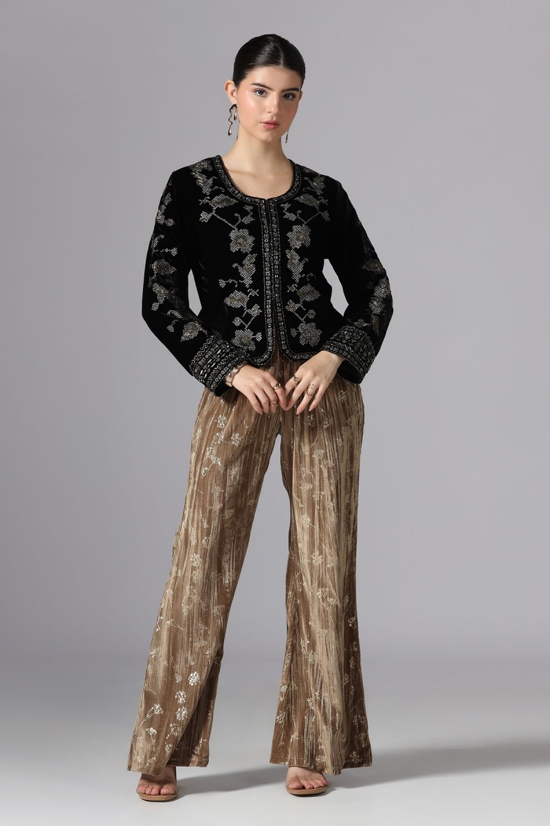 ROUND NECK METALLIC EMBROIDERD VELVET JACKET