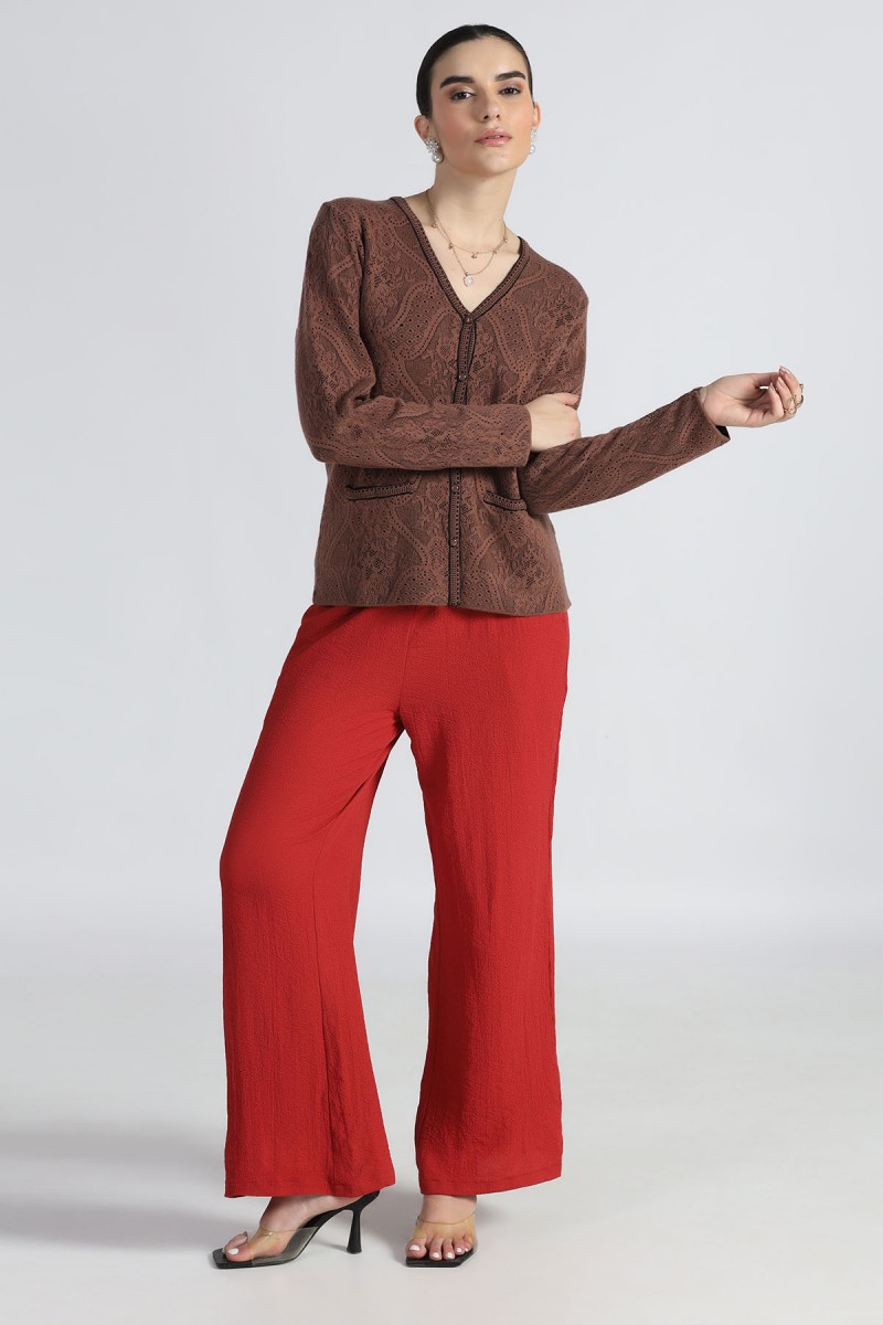POINTELLE JACQUARD FLORAL LACE V NECK CARDIGAN POINTELLE JACQUARD FLORAL LACE V NECK CARDIGAN