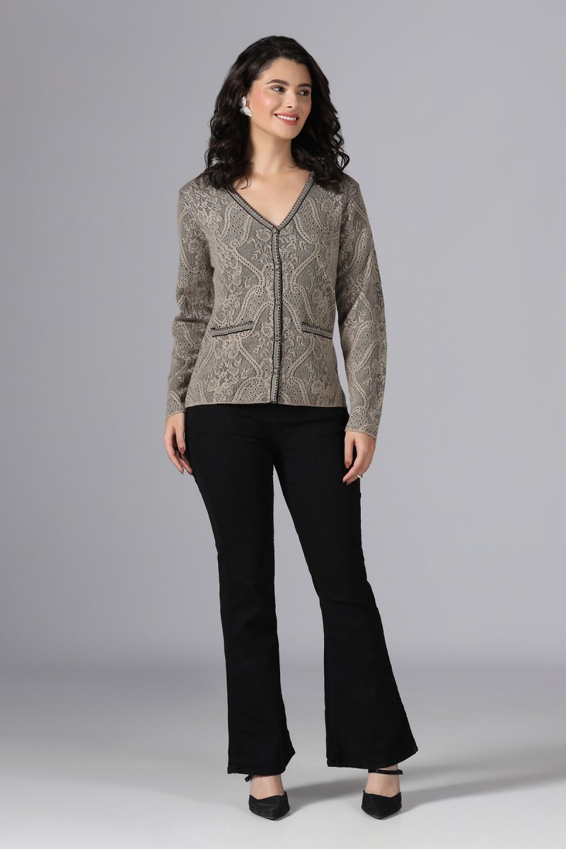 POINTELLE JACQUARD FLORAL LACE V NECK CARDIGAN