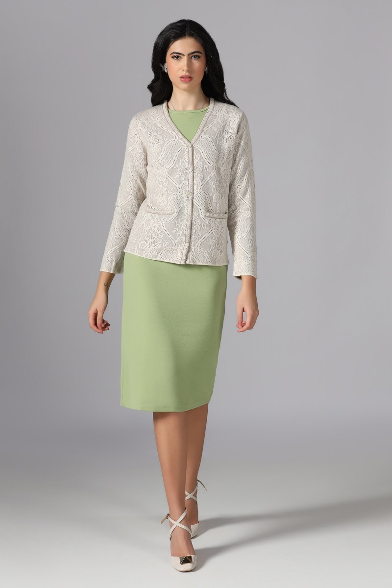 POINTELLE JACQUARD FLORAL LACE V NECK CARDIGAN