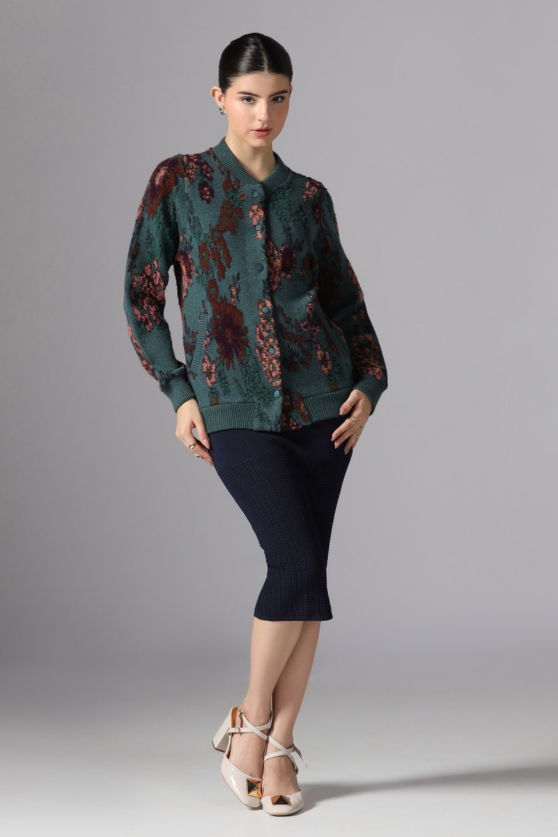 VARSITY COLLAR FLORAL PLUSH JACQUARD CARDIGAN