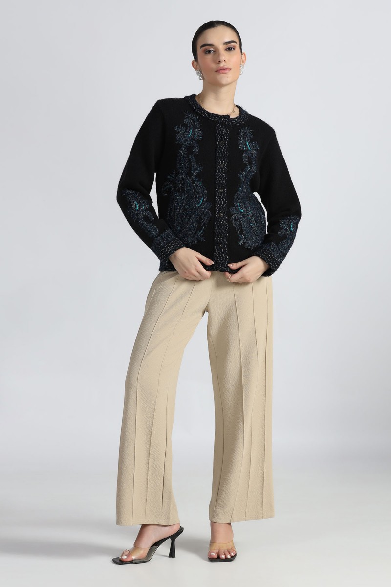 STUNNING  METATLLC CORD EMBROIDERD ROUND NECK SWEATER STUNNING  METATLLC CORD EMBROIDERD ROUND NECK SWEATER