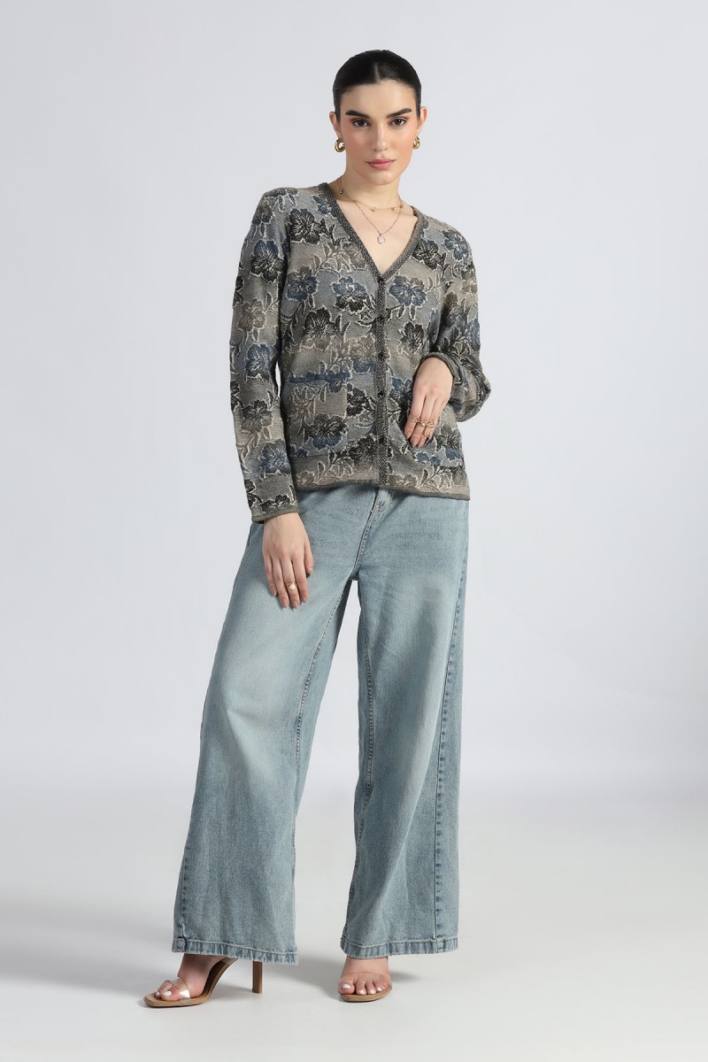 FLORAL TRANSFERRED  JACQUARD CARDIGAN