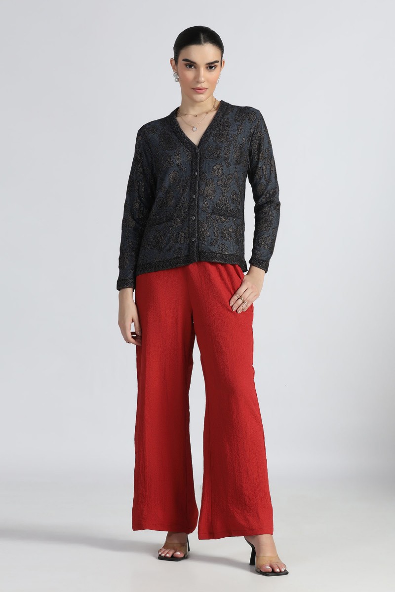 BEAUTIFUL FLORAL LUREX PLATED TRANSFER JACQUARD V NECK PULLOVER