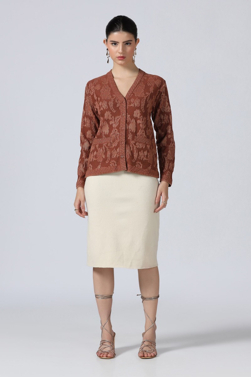 BEAUTIFUL FLORAL LUREX PLATED TRANSFER JACQUARD V NECK PULLOVER