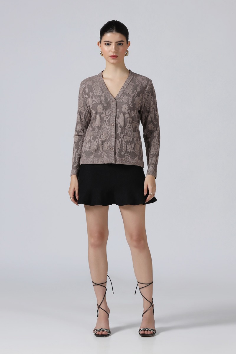 BEAUTIFUL FLORAL LUREX PLATED TRANSFER JACQUARD V NECK PULLOVER