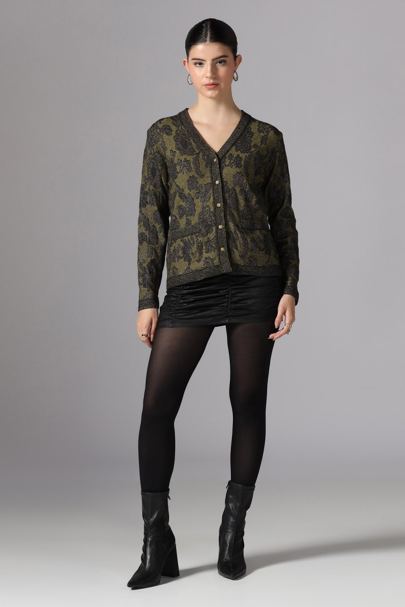 BEAUTIFUL FLORAL LUREX PLATED TRANSFER JACQUARD V NECK PULLOVER