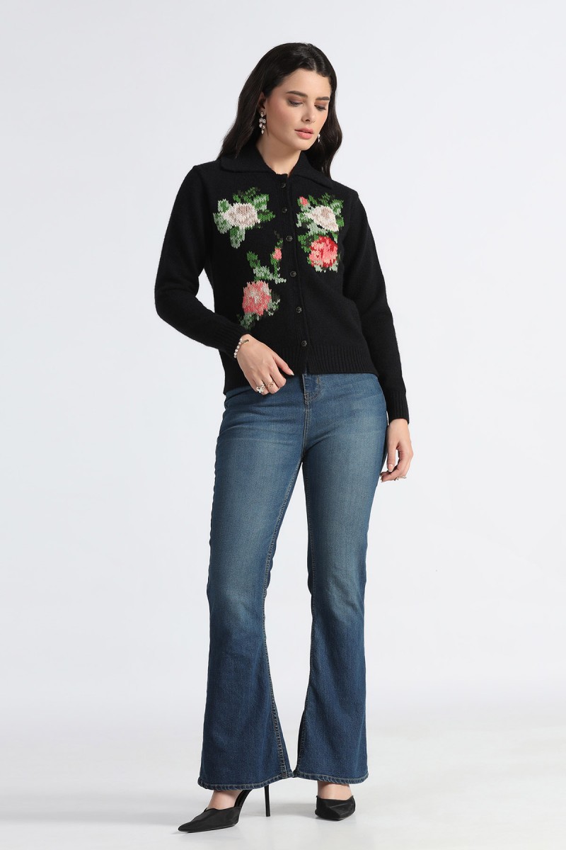 POLO NECK COLLAR CARDIGAN WITH HAND FLORAL EMBROIDERED