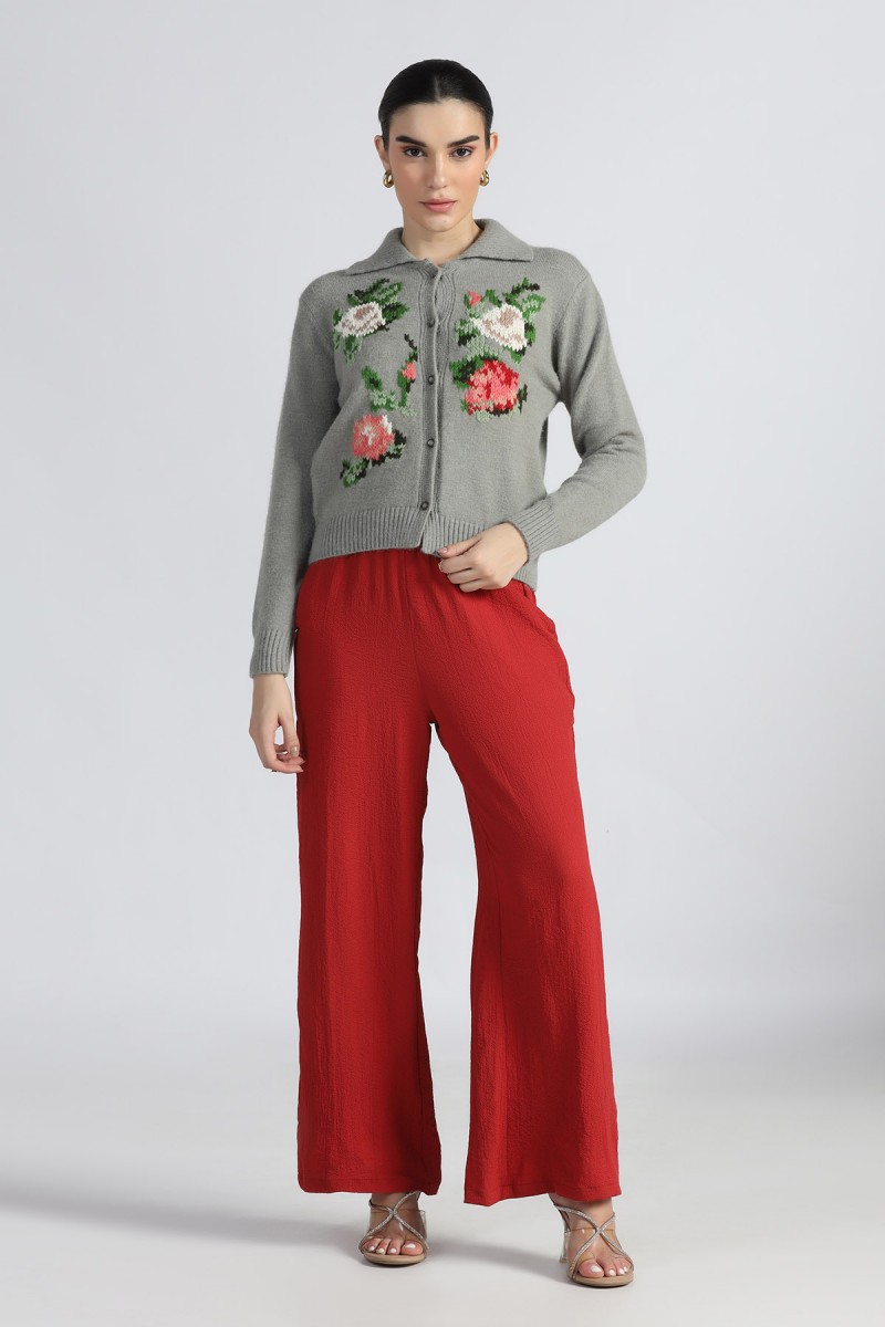POLO NECK COLLAR CARDIGAN WITH HAND FLORAL EMBROIDERED