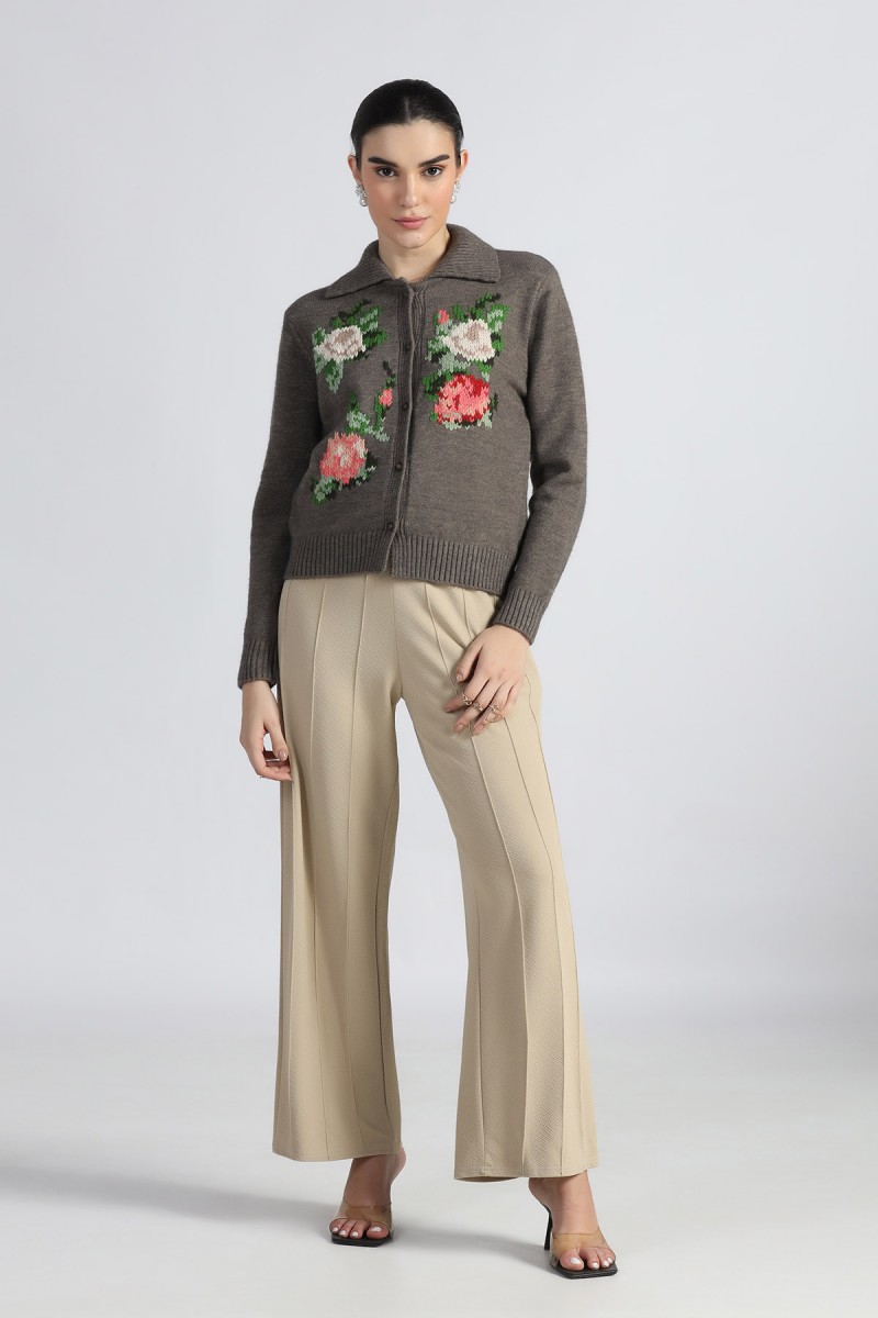 POLO NECK COLLAR CARDIGAN WITH HAND FLORAL EMBROIDERED
