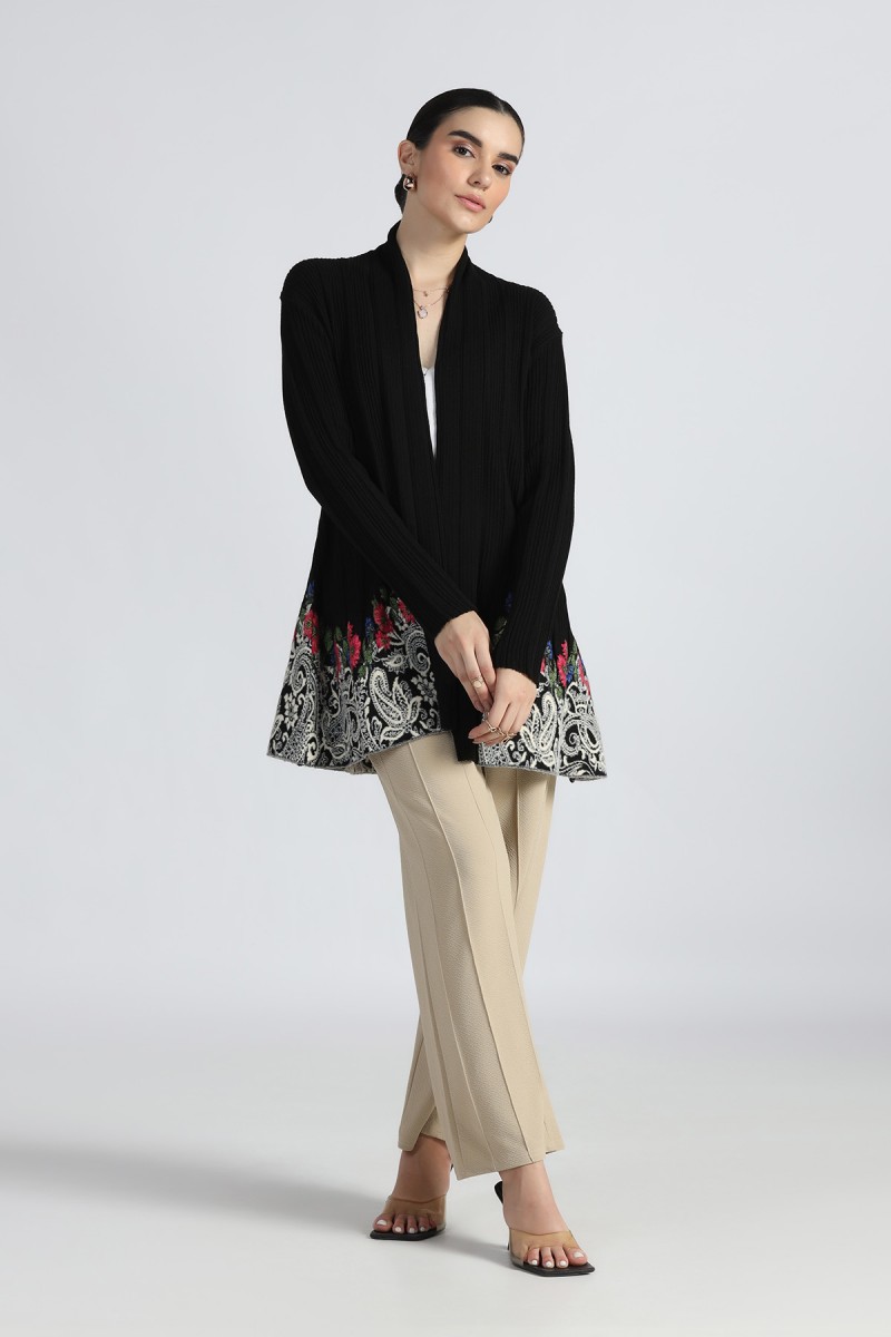 FLORAL INTARSIA SHAWL COLLAR  OPEN CARDIGAN