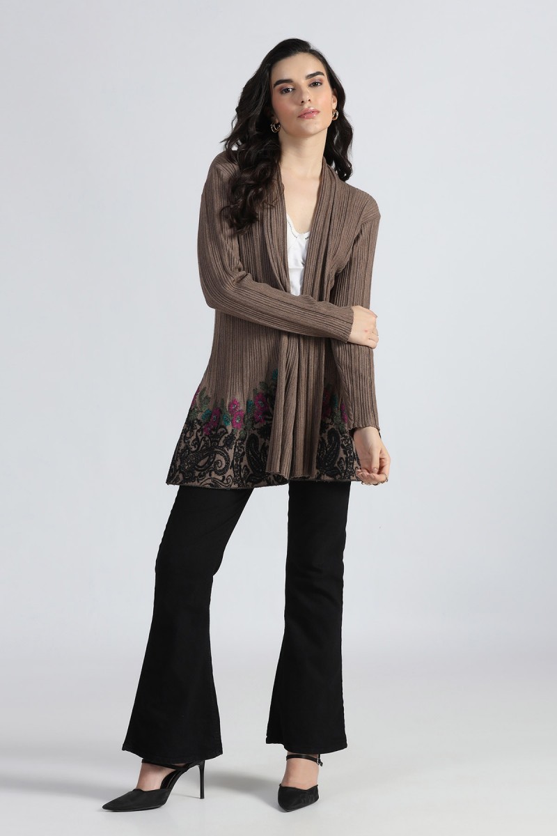 FLORAL INTARSIA SHAWL COLLAR  OPEN CARDIGAN