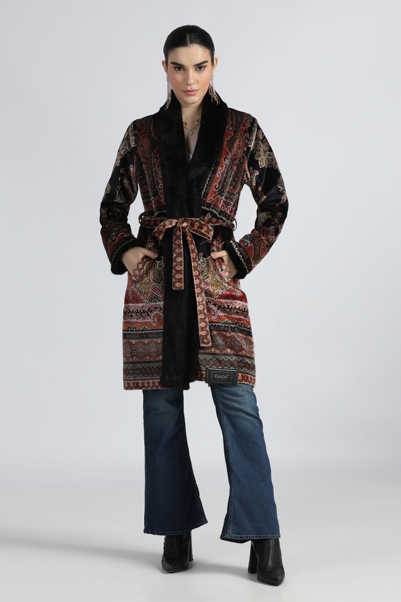 DIGITAL PRINTED VELVET COAT WITH FUR COLLAR