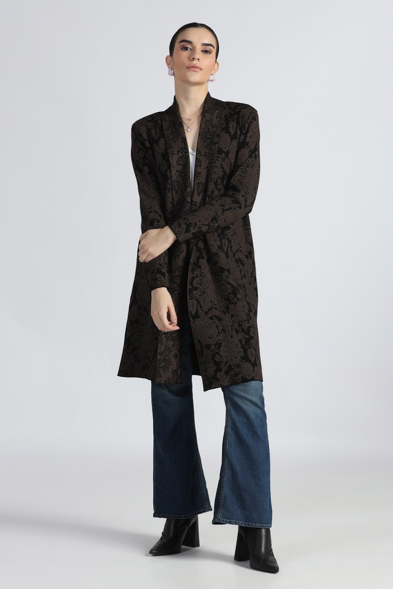 ORIENTAL JACQUARD SHAWL COLLAR OPEN CARDIGAN