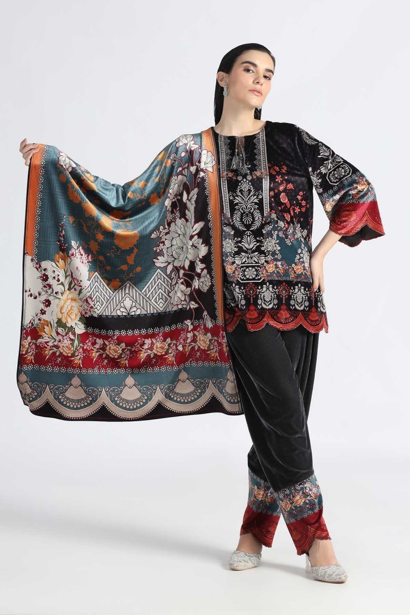 DIGITAL PRINTED VELVET CO-ORD SET WITH STOLE