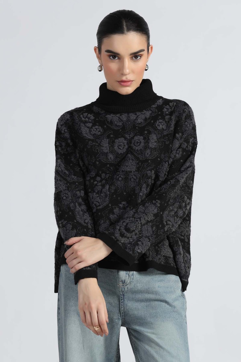 FLORAL PLUSH JACQUARD KNITED HIGH NECK PONCHO
