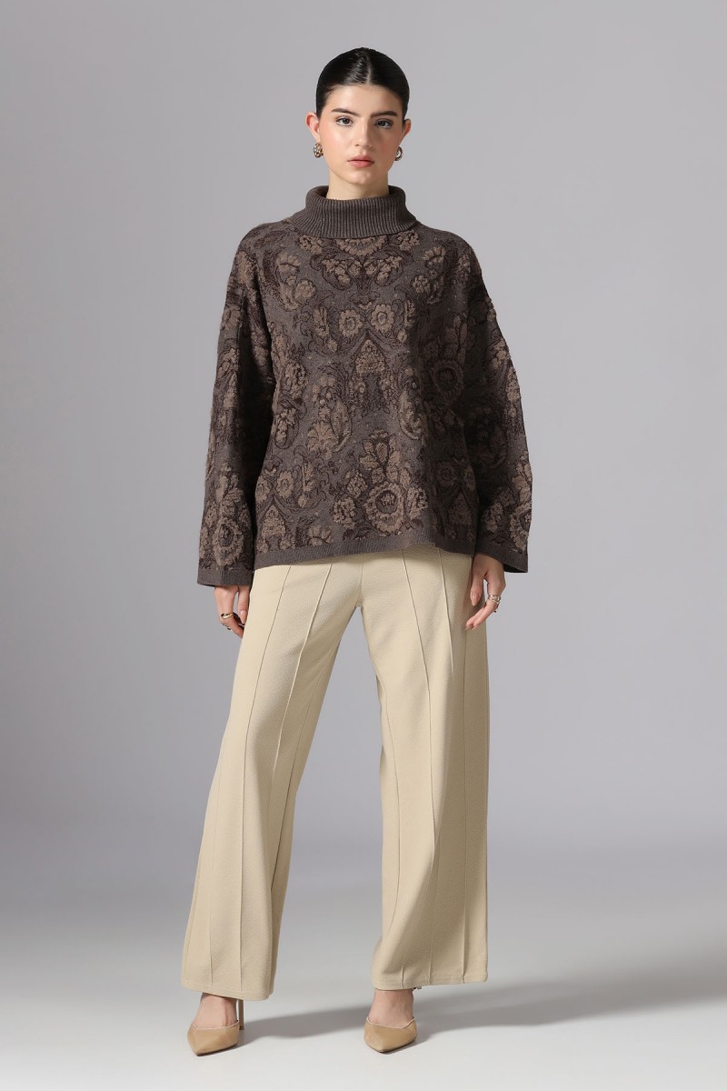 FLORAL PLUSH JACQUARD KNITED HIGH NECK PONCHO