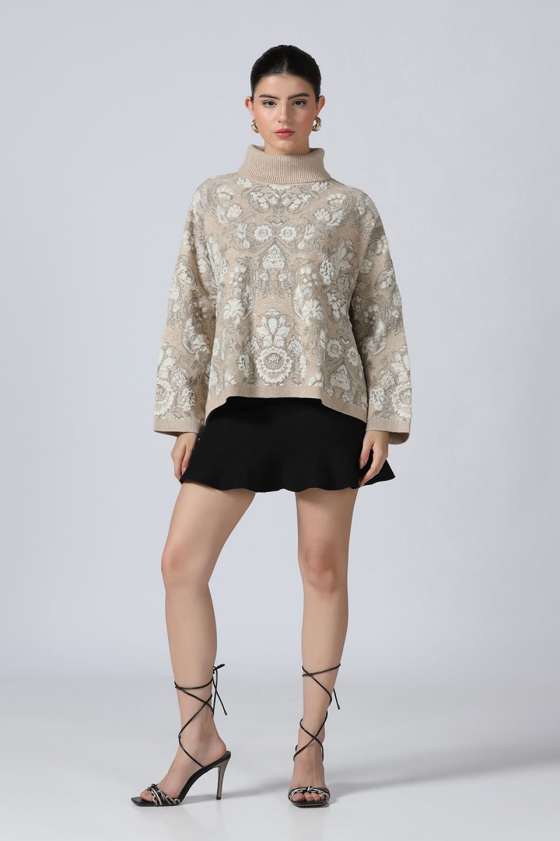 FLORAL PLUSH JACQUARD KNITED HIGH NECK PONCHO
