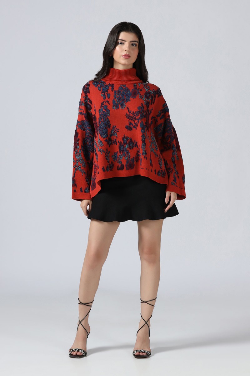 FLORAL PLUSH KNITED JACQUARD HIGH NECK PONCHO