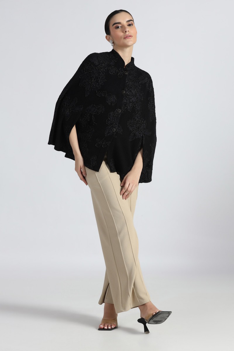 SUEDE METALIIC FLORAL JACQUARD WITH CORD EMBROIDERY CAPE