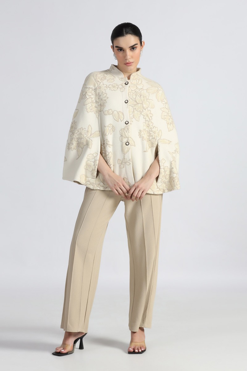 SUEDE METALIIC FLORAL JACQUARD WITH CORD EMBROIDERY CAPE